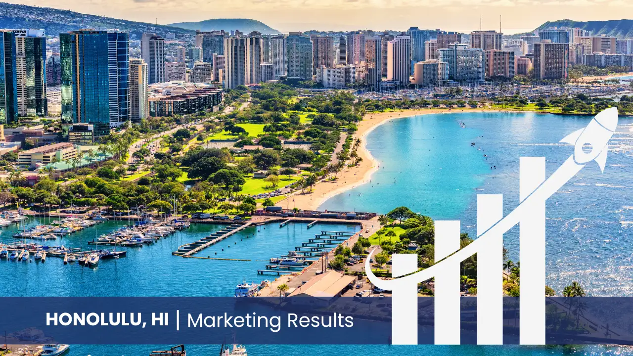 Honolulu skyline with graph showcasing marketing results 