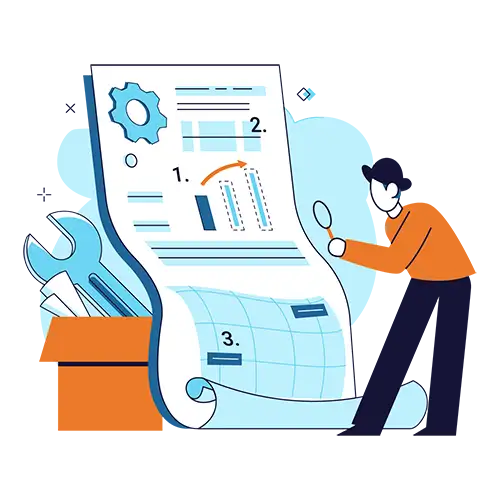Person inspecting graph and chart results with a magnifying glass