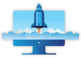 A computer with a rocket launching from the screen 