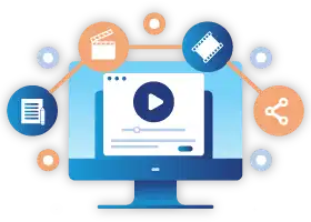 A computer with videos, share and pen paper icon 