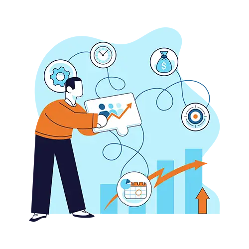 Person holding graph with chart and surrounded by icons Person holding graph with chart and surrounded by icons