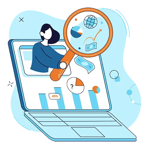 Person viewing charts and graphs on a laptop browser with a magnifying glass